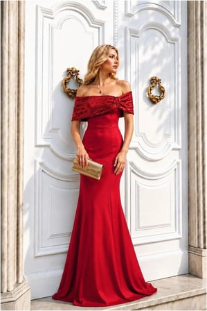 STR STORE Kayık Elbise Payetli Abiye Yaka Balık Kesim · Renk: Kırmızı · Beden: S GBZS
