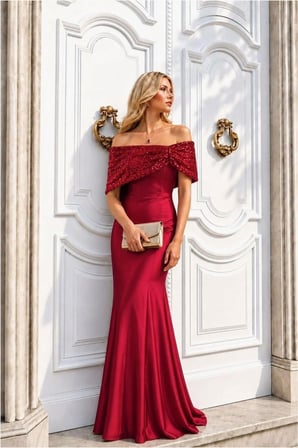 STR STORE Kayık Elbise Payetli Abiye Yaka Balık Kesim · Renk: Kırmızı · Beden: S GBZS