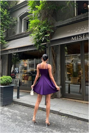 STR STORE Krep Kumaş Abiye Yaka V Elbise · Renk: Mor · Beden: L GBZS