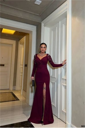 STR STORE Kalp Taş Abiye Yaka Elbise Maxi Detaylı · Renk: Saks · Beden: S GBZS