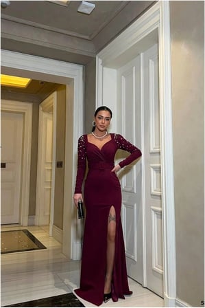 STR STORE Kalp Taş Abiye Yaka Elbise Maxi Detaylı · Renk: Saks · Beden: S GBZS