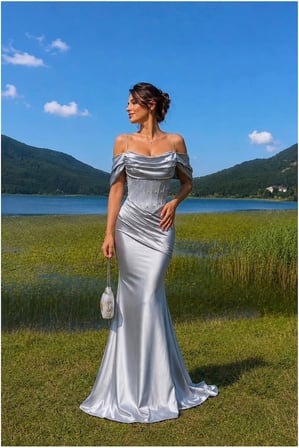 STR STORE Saten Elbise Abiye Yaka Carmen Kumaş · Renk: Saks · Beden: S GBZS