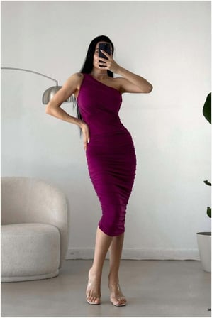 STR STORE Sandy Elbise Omuz Midi Tek Drapeli Kumaş · Renk: Kırmızı · Beden: M GBZS