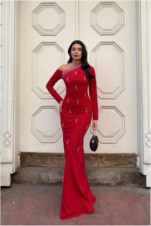 STR STORE Krep Kumaş Omuz Abiye Tek Elbise · Renk: Kırmızı · Beden: XL GBZS