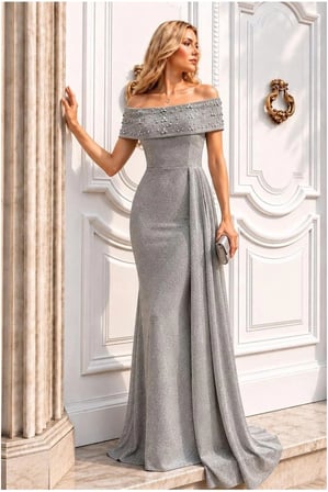 STR STORE Degaje Elbise Dekolteli Maxi Kollu Abiye Yaka Uzun · Renk: Saks · Beden: XL GBZS