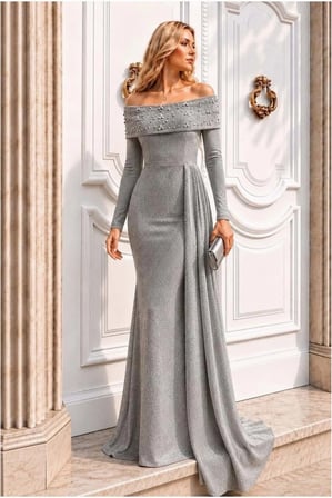 STR STORE Degaje Elbise Dekolteli Maxi Kollu Abiye Yaka Uzun · Renk: Saks · Beden: XL GBZS