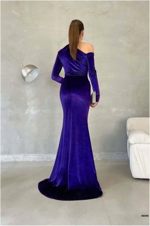 STR STORE Kadife Elbise Maxi Abiye Yaka Kumaş Asimetrik · Renk: Gri · Beden: M GBZS