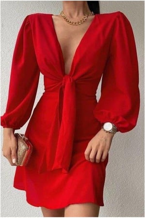 STR STORE Krep Kruvaze Elbise Balon Kollu Kuşaklı Yaka Kumaş · Renk: Saks · Beden: M GBZS
