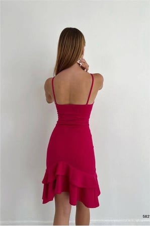 STR STORE Krep Elbise Volanlı Abiye V Yaka Askılı Kumaş · Renk: Mor · Beden: L GBZS
