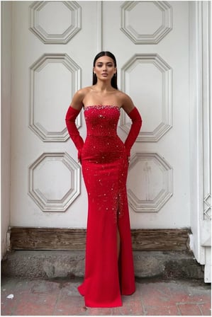 STR STORE Straplez Yırtmaçlı Elbise Taş Abiye Detaylı · Renk: Zümrüt · Beden: M GBZS