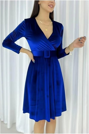 STR STORE Kadife Kemerli Elbise Mini Abiye V Yaka Kumaş · Renk: Saks · Beden: M GBZS