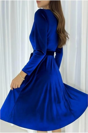 STR STORE Kadife Kemerli Elbise Mini Abiye V Yaka Kumaş · Renk: Saks · Beden: M GBZS