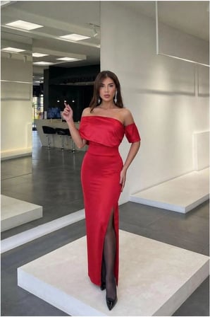 STR STORE Kayık Yırtmaçlı Elbise Maxi Abiye Yaka · Renk: Mor · Beden: L GBZS