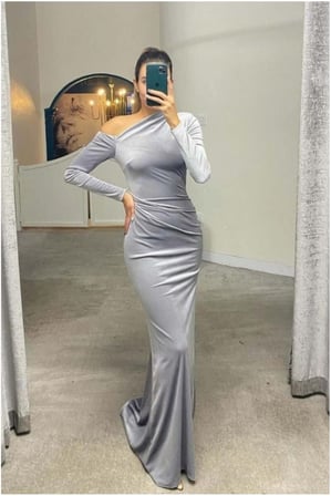STR STORE Kadife Elbise Maxi Abiye Yaka Kumaş Asimetrik · Renk: Mor · Beden: L GBZS