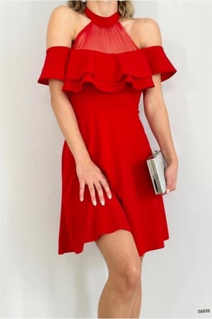 STR STORE Tül Elbise Volanlı Mini Yaka Kayık Kumaş · Renk: Kırmızı · Beden: L GBZS