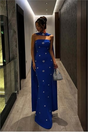 STR STORE Simli Elbise Taş Abiye Dik Yaka Detaylı Kumaş · Renk: Mor · Beden: XL GBZS