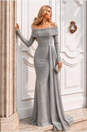 STR STORE Degaje Elbise Dekolteli Maxi Kollu Abiye Yaka Uzun · Renk: Siyah · Beden: L GBZS