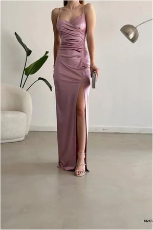 STR STORE Saten Yırtmaçlı Elbise Abiye V Yaka Askılı Kumaş · Renk: Saks · Beden: XL GBZS