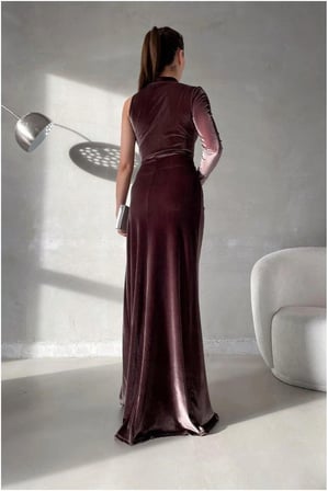STR STORE Kadife Elbise Taş Abiye Dik Yaka Detaylı Kumaş · Renk: Sarı · Beden: S GBZS