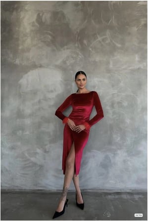 STR STORE Esnek Kumaş Abiye Kadife Yaka Degaje Elbise Yırtmaçlı · Renk: Saks · Beden: M GBZS