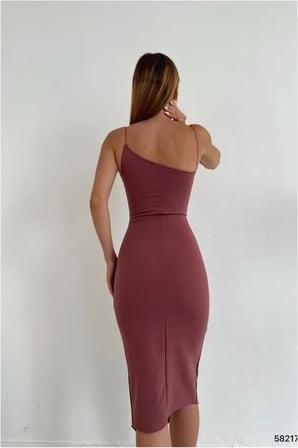 STR STORE Tek Yırtmaçlı Elbise Omuz Midi · Renk: Gülkurusu · Beden: L GBZS