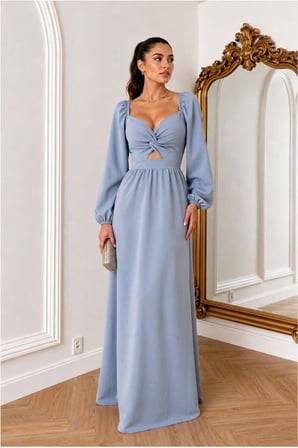 STR STORE V Elbise Maxi Kollu Abiye Yaka Uzun · Renk: Gri · Beden: L GBZS