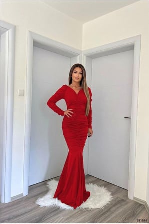 STR STORE Krep Elbise Abiye V Yaka Balık Kumaş Kesim · Renk: Kırmızı · Beden: L GBZS