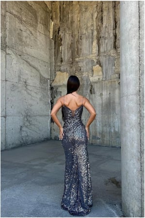 STR STORE Kadife Askılı Kumaş Abiye Payetli Yaka V Elbise · Renk: Zümrüt · Beden: L GBZS