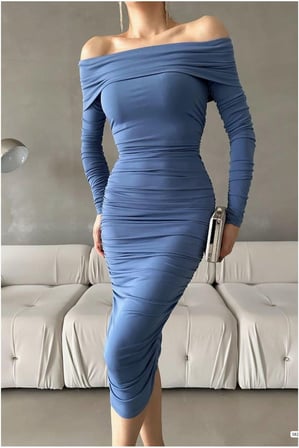 STR STORE Esnek Elbise Sandy Abiye Midi Straplez Kumaş · Renk: Mavi · Beden: S GBZS