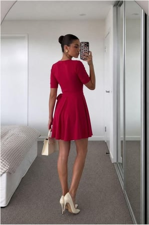 STR STORE V Elbise Kollu Kısa Mini Kuşaklı Yaka · Renk: Fuşya · Beden: XL GBZS