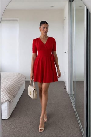 STR STORE V Elbise Kollu Kısa Mini Kuşaklı Yaka · Renk: Fuşya · Beden: XL GBZS