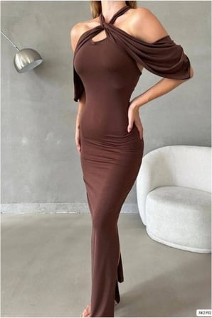 STR STORE Simli Elbise Dekolteli Askılı Kumaş · Renk: Mor · Beden: L GBZS