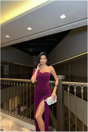 STR STORE Tek Omuz Abiye Elbise Yırtmaçlı · Renk: Mor · Beden: M GBZS
