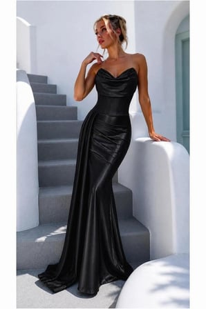 STR STORE Saten Yırtmaçlı Elbise Abiye Straplez Kumaş · Renk: Siyah · Beden: L GBZS