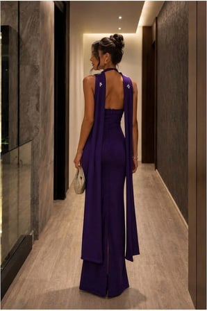 STR STORE Simli Elbise Taş Abiye Dik Yaka Detaylı Kumaş · Renk: Saks · Beden: S GBZS
