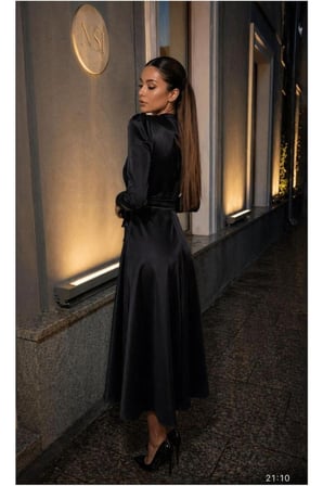 STR STORE Saten Kruvaze Elbise Abiye Midi Kuşaklı Yaka Kumaş · Renk: Siyah · Beden: L GBZS