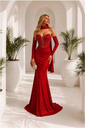STR STORE Simli Elbise Dekolteli Maxi Abiye Yaka Kumaş Asimetrik · Renk: Kırmızı · Beden: XL GBZS