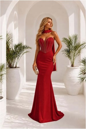 STR STORE Simli Elbise Dekolteli Maxi Abiye Yaka Kumaş Asimetrik · Renk: Kırmızı · Beden: XL GBZS