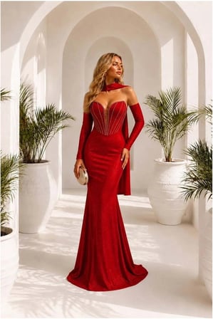 STR STORE Simli Elbise Dekolteli Maxi Abiye Yaka Kumaş Asimetrik · Renk: Kırmızı · Beden: XL GBZS