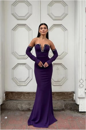 STR STORE Krep Kumaş Kesim Abiye Yaka Balık V Elbise · Renk: Mor · Beden: L GBZS
