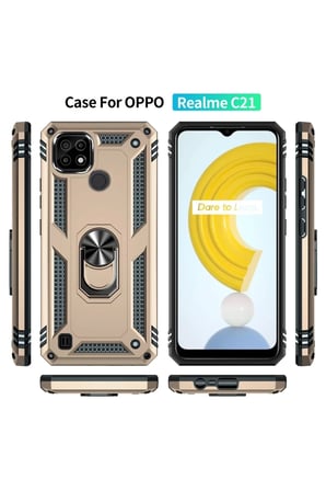 STR STORE Realme C21 Uyumlu Kılıf Sofya Yüzüklü Silikon Kapak - Gold GBZS