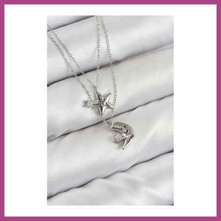 STR STORE Pirinç Zirkon Taşlı Yıldız Ve Ay Model Gümüş Renk Kadın Kolye GBZS