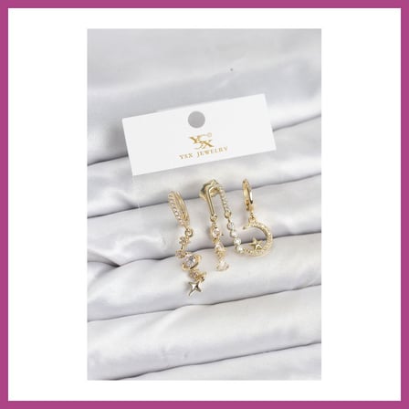 STR STORE Pirinç Gold Renk Zirkon Taşlı Uzay Model YSX Trio Küpe Seti GBZS