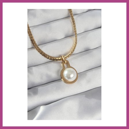 STR STORE 316L Çelik Gold Renk Yassı Zincir İnci Taşlı Kolye GBZS