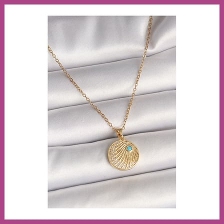 STR STORE 316L Çelik Gold Renk Zincir Zirkon Taş İşlemeli Mavi Taş Detaylı Madalyon Model Kadın Kolye GBZS