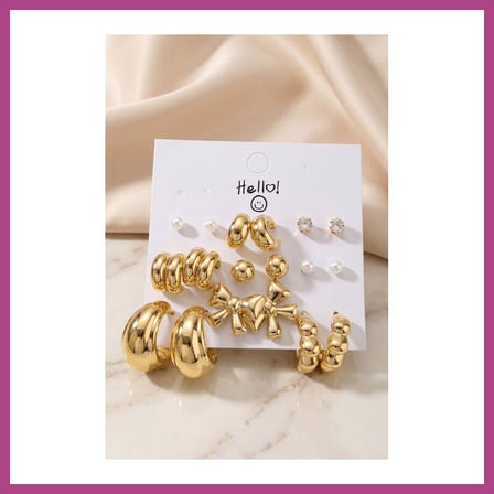STR STORE Gold Renk Metalik Kaplamalı Fiyonk Detaylı CCB 9 Çift Küpe Seti GBZS