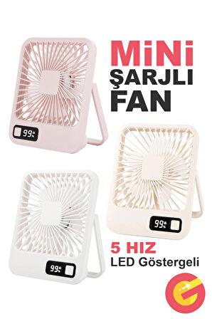 GüncelÇarşı Şarjlı Sessiz Mini Fan Vantilatör, 1 Adet, 180° Ayarlanabilir, 5 Hız, LED Göstergeli, Type-C Şarj