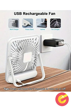 GüncelÇarşı Şarjlı Sessiz Mini Fan Vantilatör, 1 Adet, 180° Ayarlanabilir, 5 Hız, LED Göstergeli, Type-C Şarj