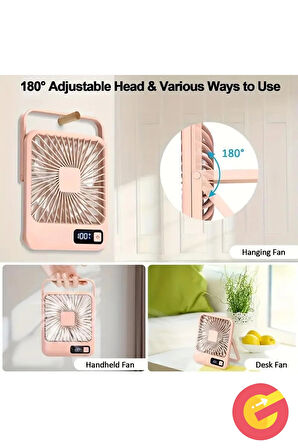 GüncelÇarşı Şarjlı Sessiz Mini Fan Vantilatör, 1 Adet, 180° Ayarlanabilir, 5 Hız, LED Göstergeli, Type-C Şarj