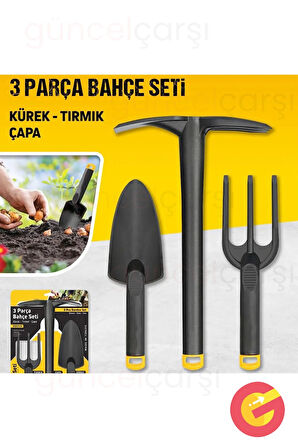GüncelÇarşı Sert Plastik Üçlü Bahçe Seti, Hobi Kürek Çapa Tırmık Bahçıvan Seti, Yüksek Basınca Dayanıklı Gövde
